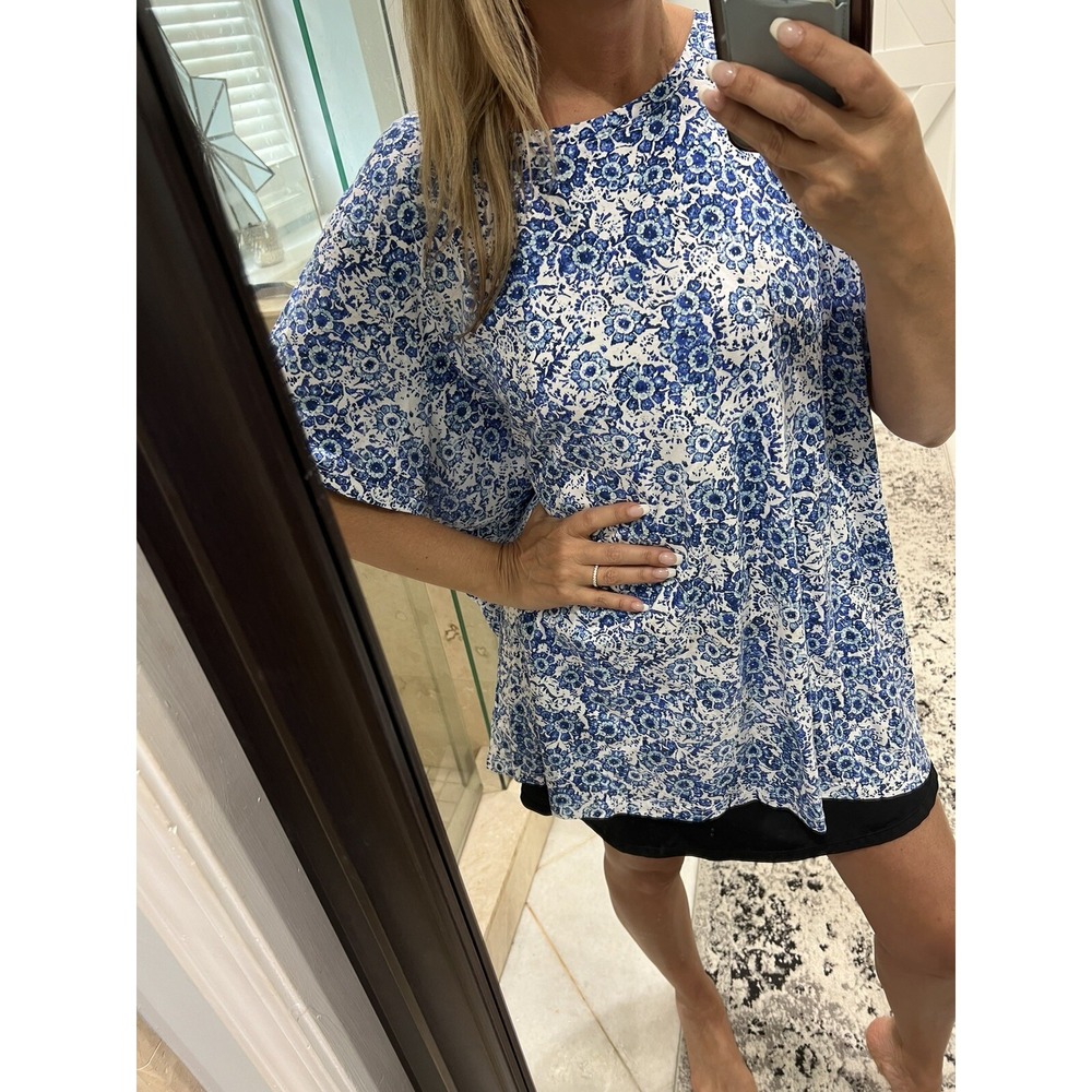 Woman Within Blue Batik Floral Knit Top 1/2 Sleeve Plus Size 2X 26/28